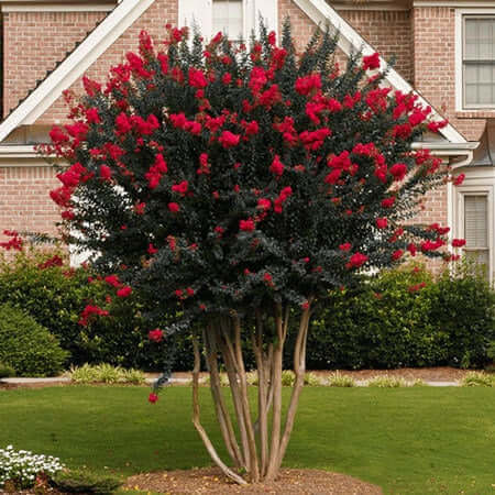 Red Rocket Crepe Myrtle bush with vibrant red flowers and dark green foliage
