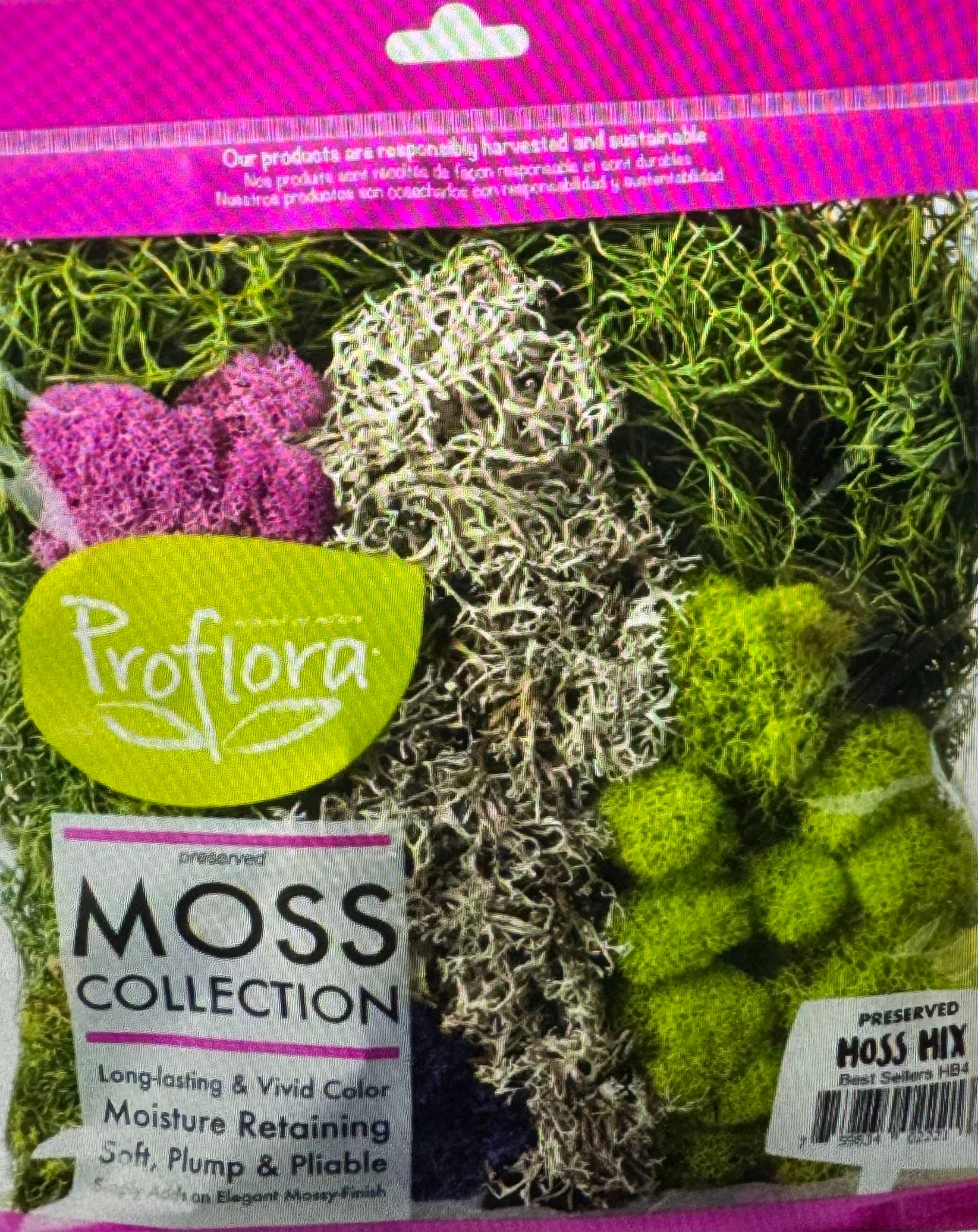 Packaged Preserved Mix Moss Collection with various types of moss displayed, including purple, green, and beige shades.