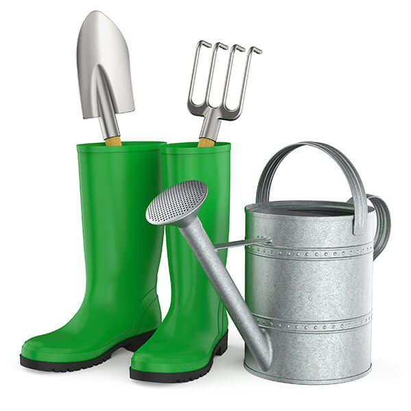 Green rubber gardening boots with tools in FAQ article