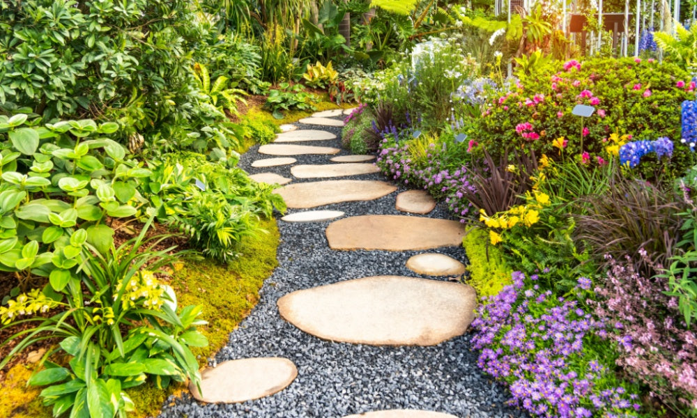 Garden path with perennial garden and trees and shrubs