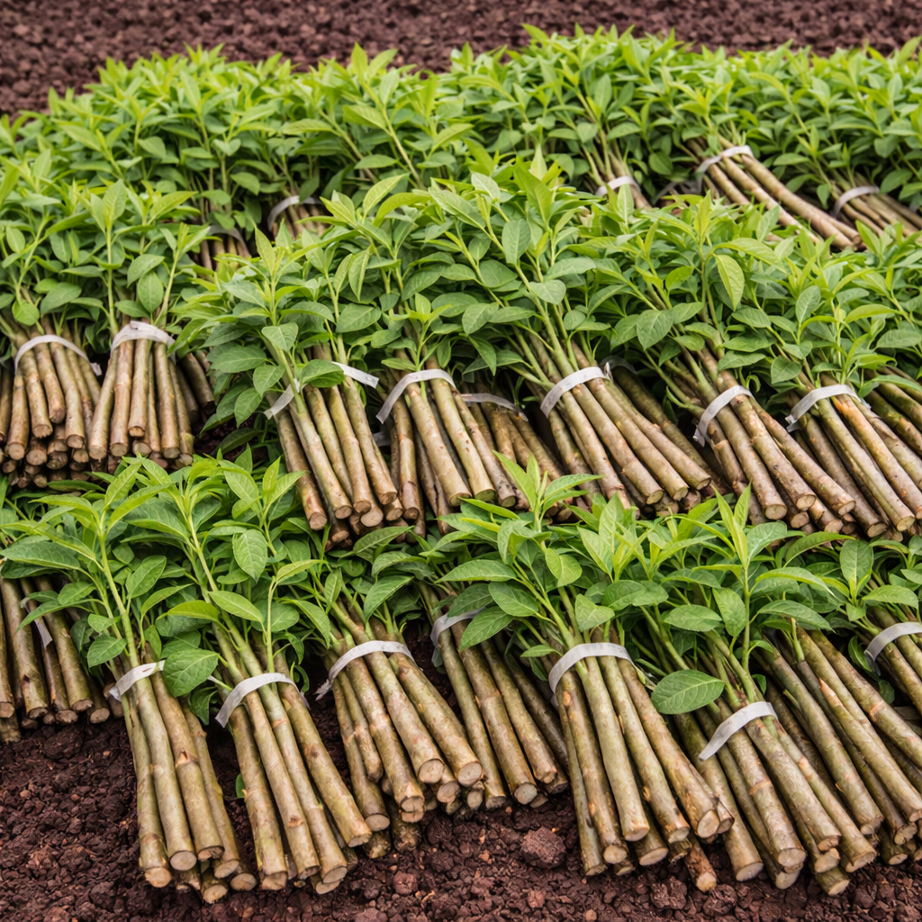 Bundles of young plants tied together on a soil background