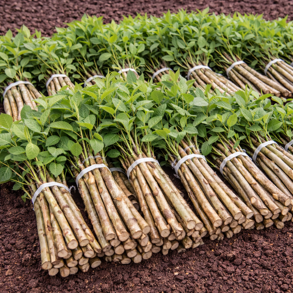 Bundles of young plants tied together on a soil background