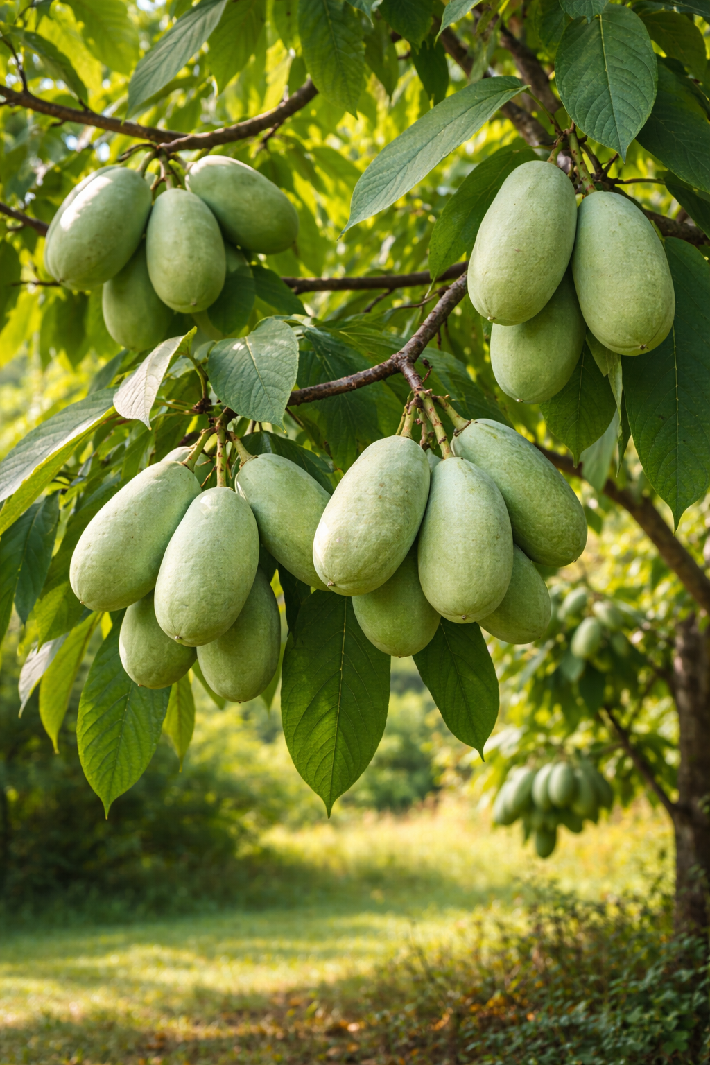 pawpaws hanging from a tree in a natural setting