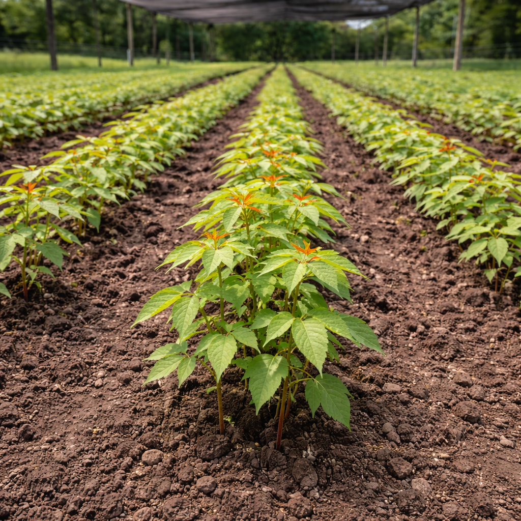 Row of young plants growing in a field with a clear focus on the foreground.
