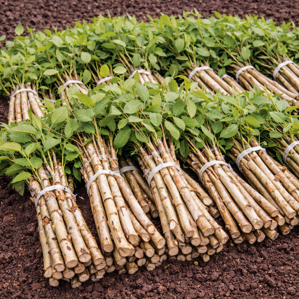 Bundles of young trees or shrubs tied together on a bed of soil.