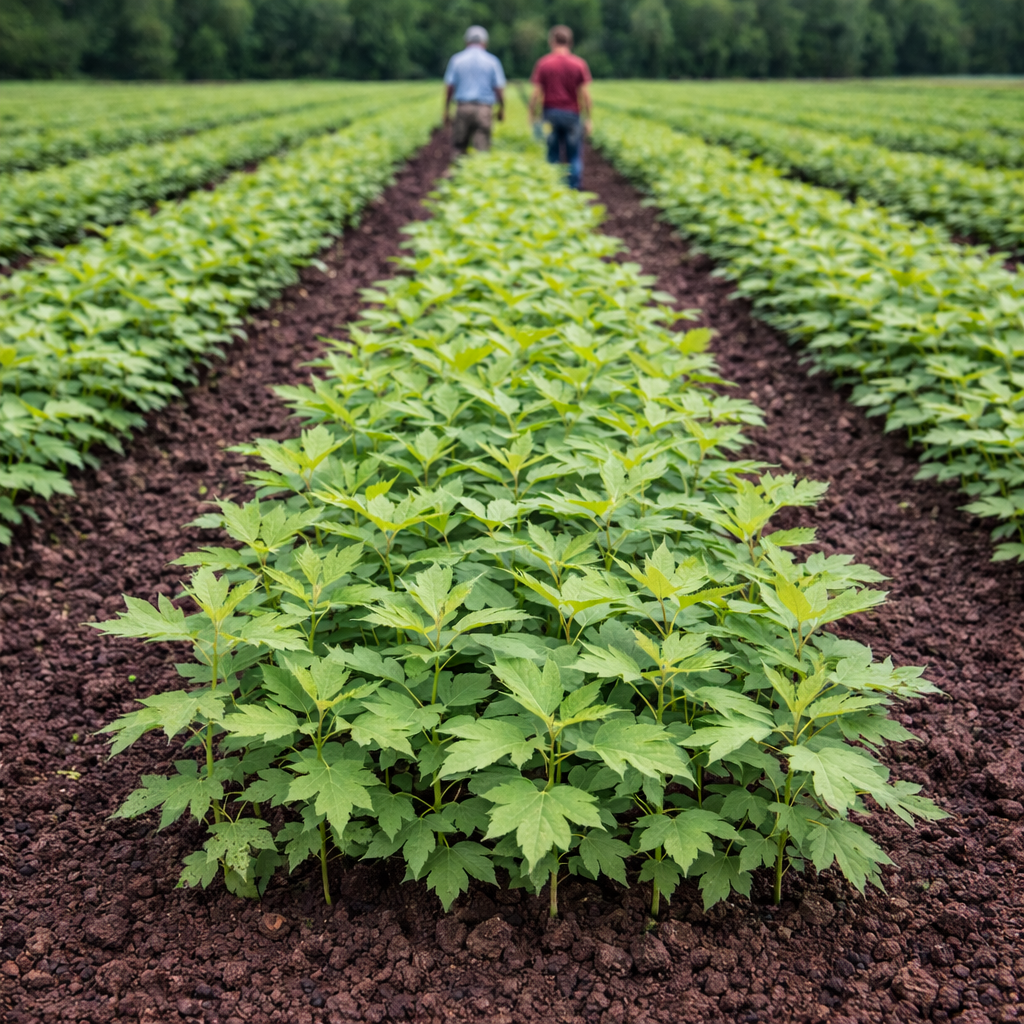 Farmers walking through a field of young plants with rows of crops stretching into the distance.