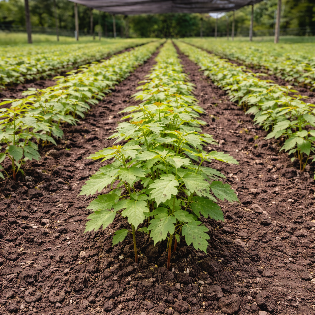 Row of young plants growing in a field with a clear sky.