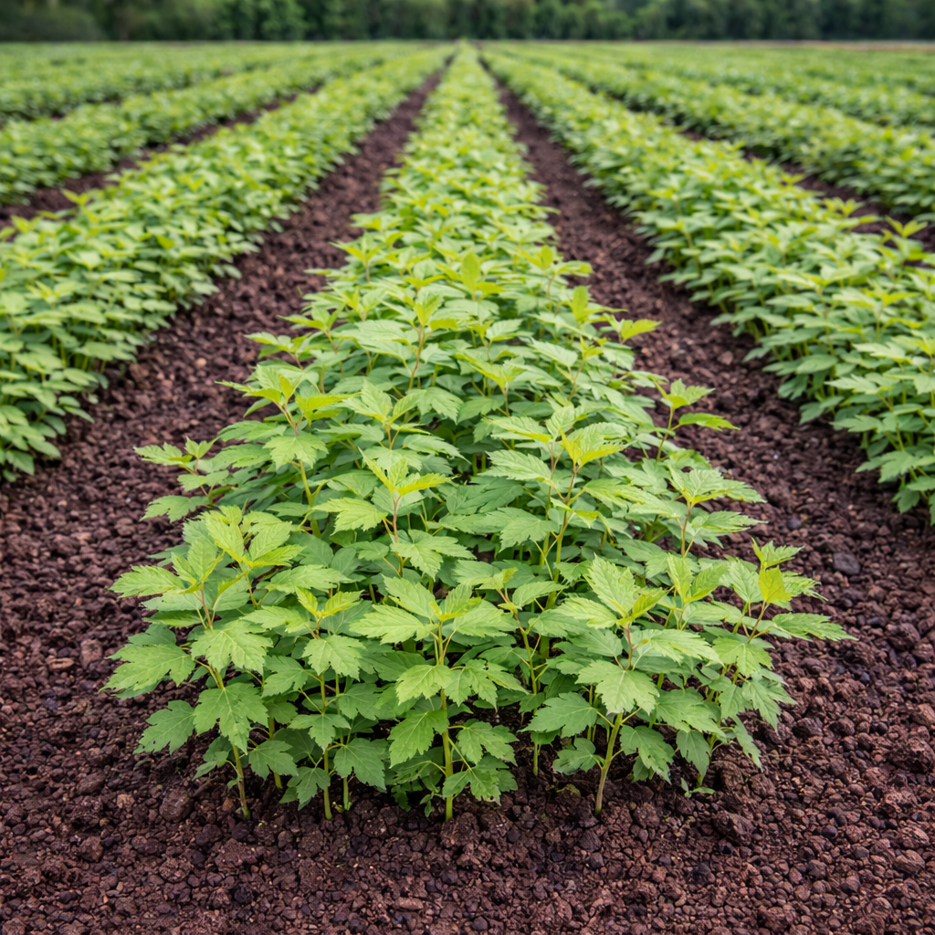 Row of young plants growing in a field with brown soil.